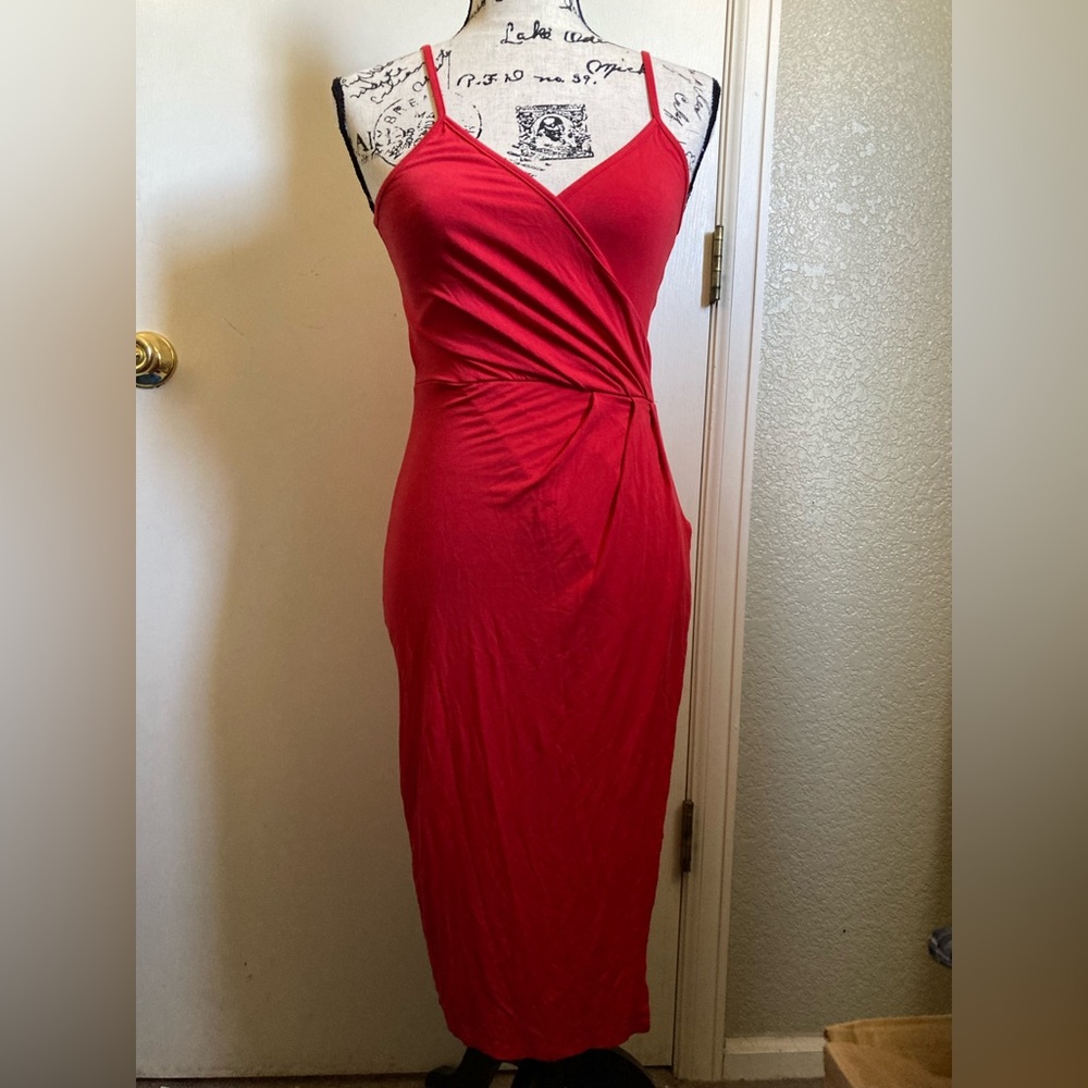 *One Clothing Red V-Neck Faux Wrap Fitted XS Midi Dress #W